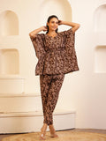 Brown V-Neck Pure Cotton Floral Printed Night Suit for Women - SanskrutiHomes 