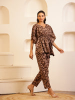 Brown V-Neck Pure Cotton Floral Printed Night Suit for Women - SanskrutiHomes 