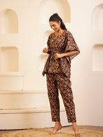 Brown V-Neck Pure Cotton Floral Printed Night Suit for Women - SanskrutiHomes 