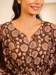 Brown V-Neck Pure Cotton Floral Printed Night Suit for Women - SanskrutiHomes 