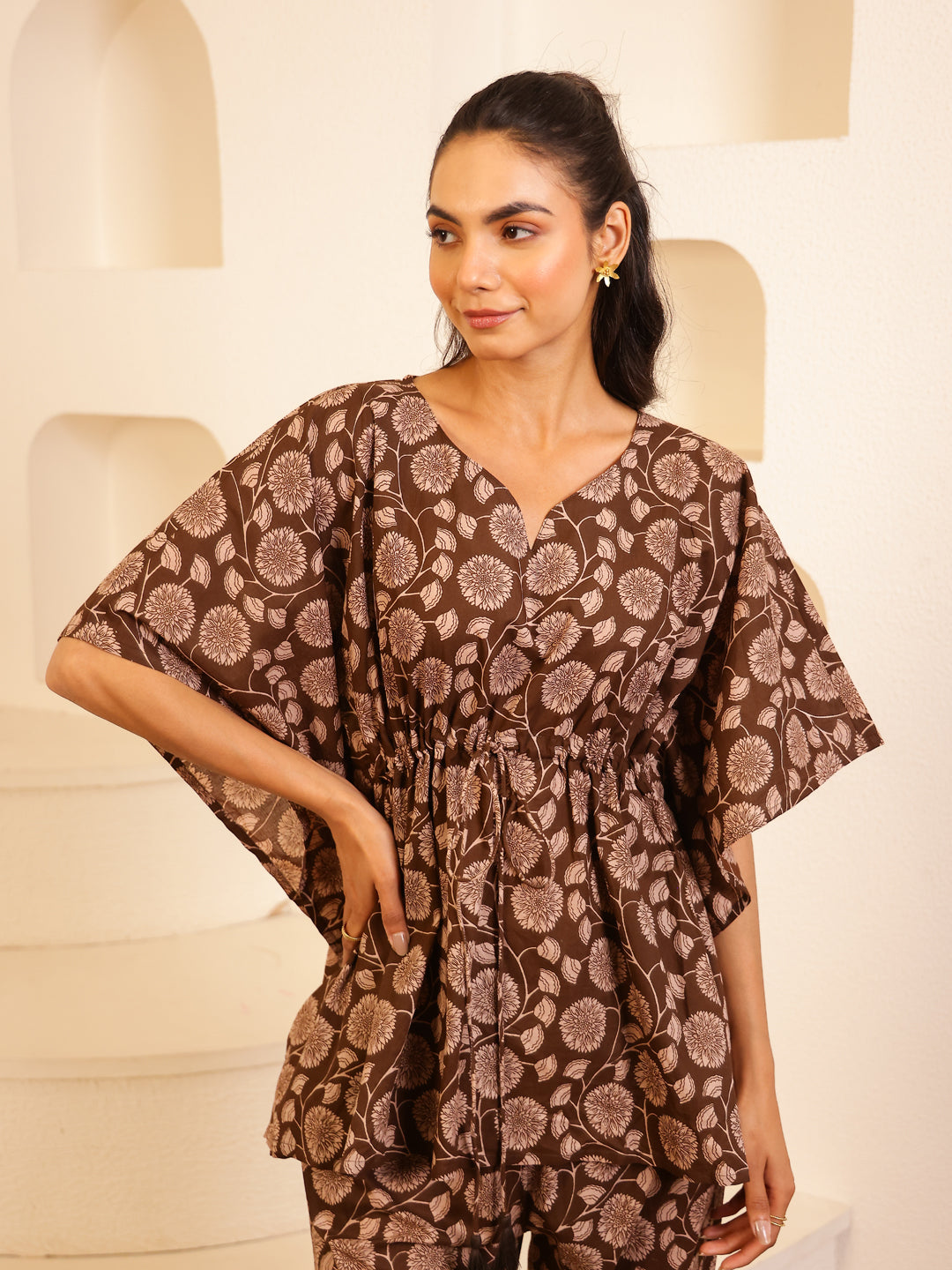 Brown V-Neck Pure Cotton Floral Printed Night Suit for Women - SanskrutiHomes 