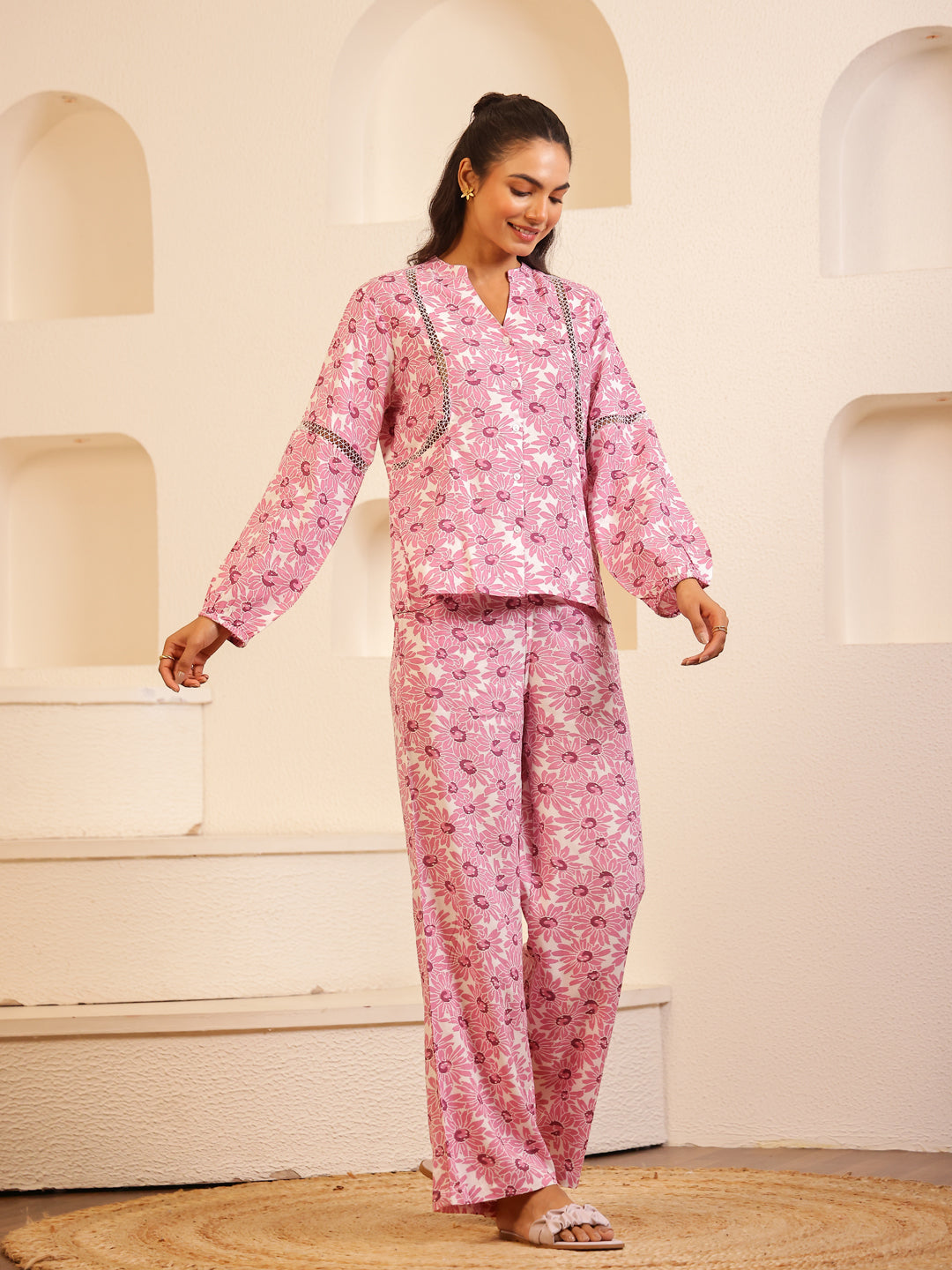 Pink Color Floral Printed Viscose Rayon Night Suit - SanskrutiHomes 