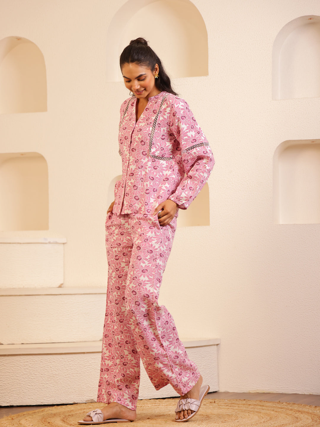 Pink Color Floral Printed Viscose Rayon Night Suit - SanskrutiHomes 