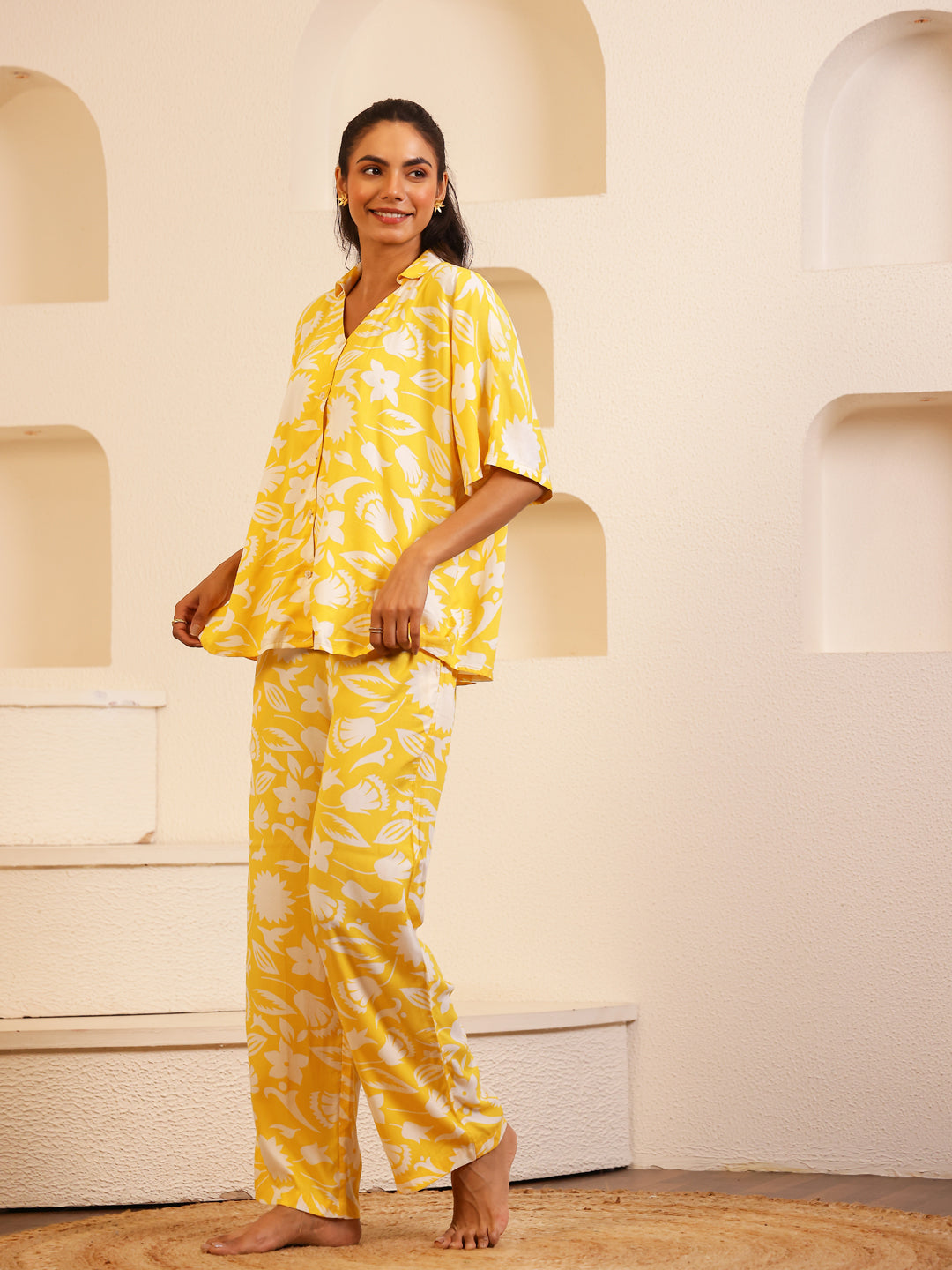 Yellow V-Neck Viscose Rayon Floral Night Suit for Women - SanskrutiHomes 