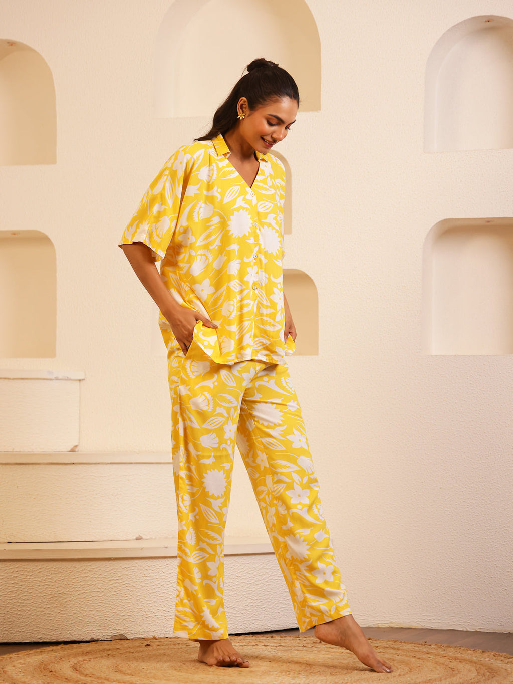 Yellow V-Neck Viscose Rayon Floral Night Suit for Women - SanskrutiHomes 