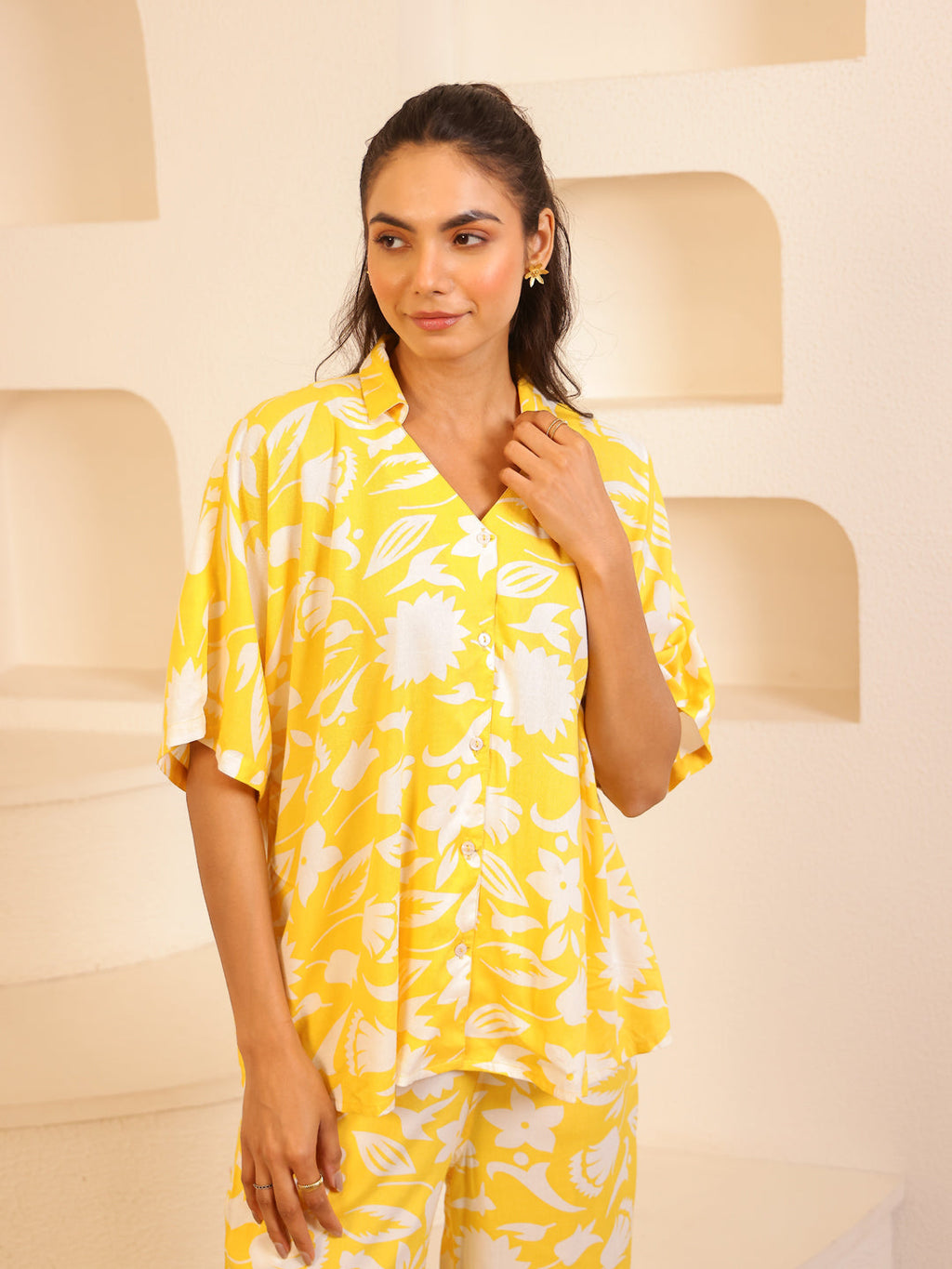 Yellow V-Neck Viscose Rayon Floral Night Suit for Women - SanskrutiHomes 