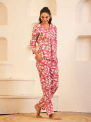 Pink Color Floral Printed Pure Cotton Night Suit - SanskrutiHomes 