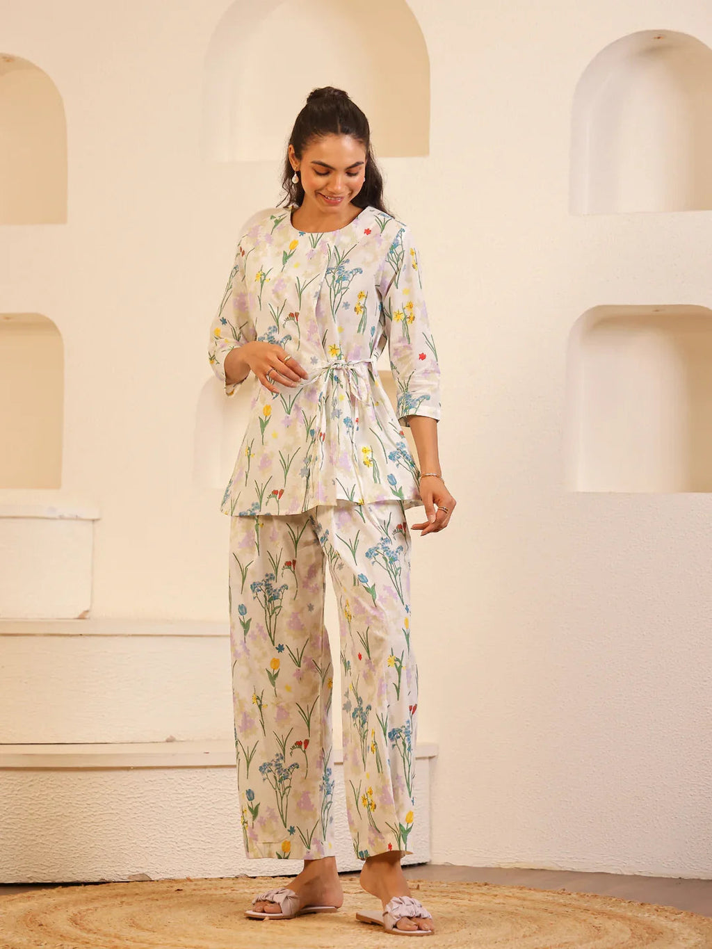 White Round Neck Pure Cotton Printed Co-ords Set for Women - SanskrutiHomes 