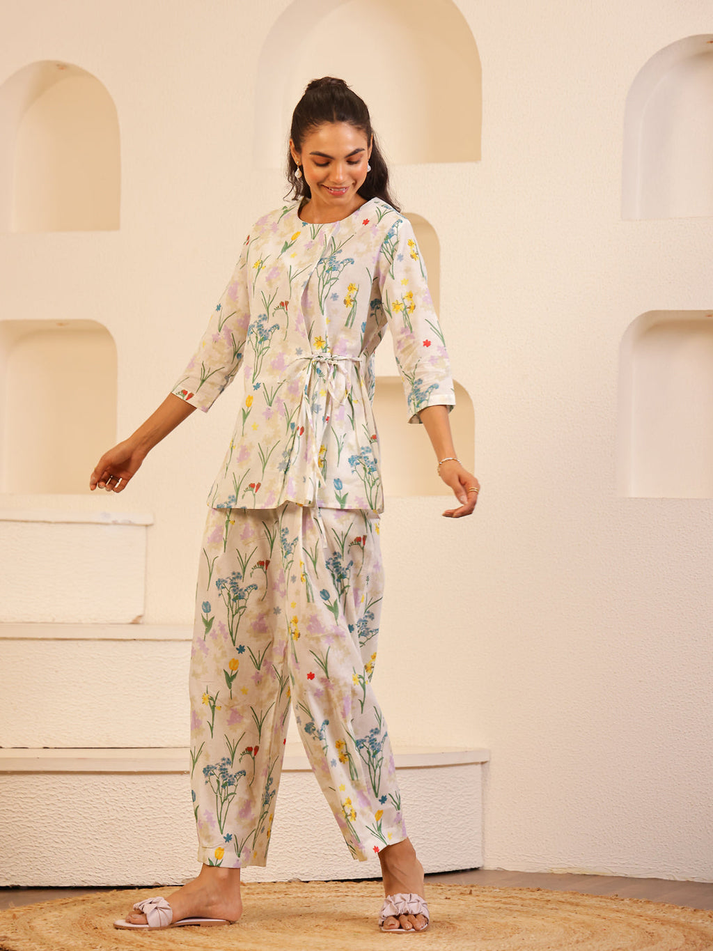 White Round Neck Pure Cotton Printed Co-ords Set for Women - SanskrutiHomes 