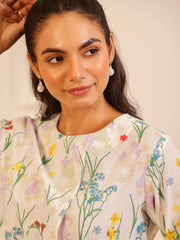 White Round Neck Pure Cotton Printed Co-ords Set for Women - SanskrutiHomes 