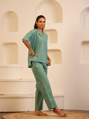 Sea Green Color Solid Pure Cotton Night Suit - SanskrutiHomes 