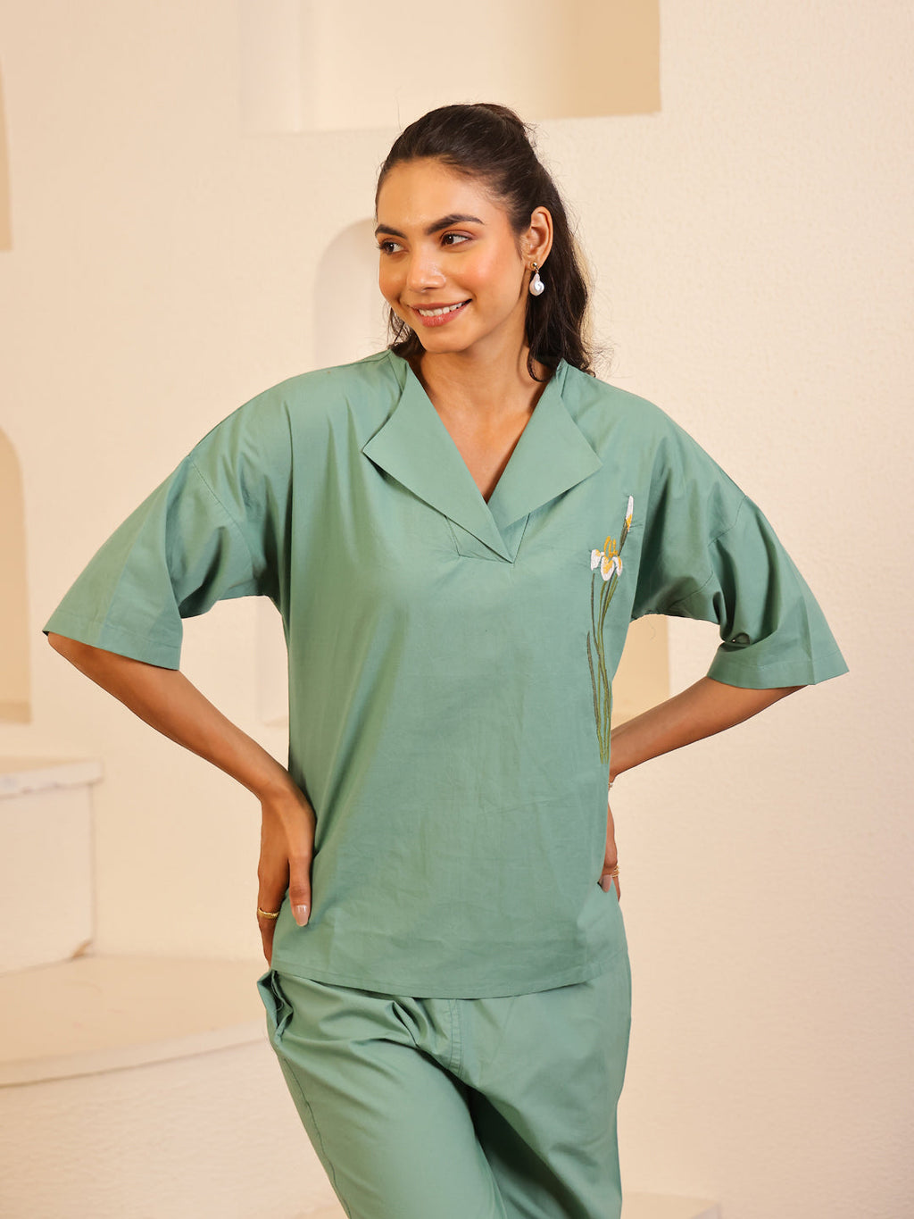 Sea Green Color Solid Pure Cotton Night Suit - SanskrutiHomes 