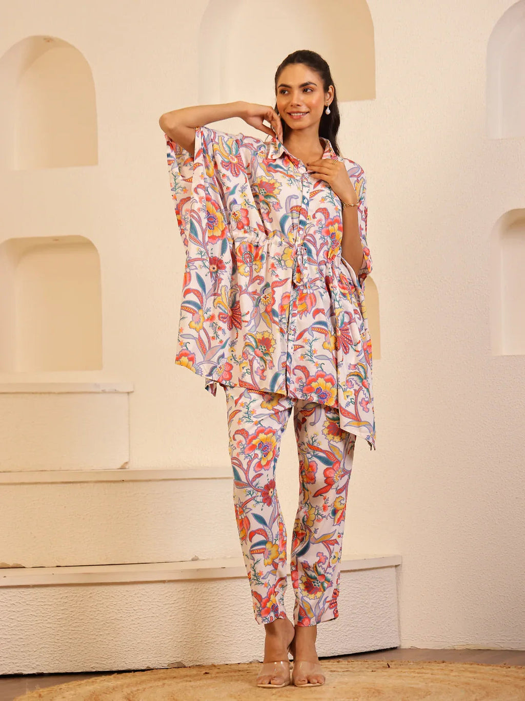 Off White Color Floral Printed Pure Cotton Night Suit - SanskrutiHomes 