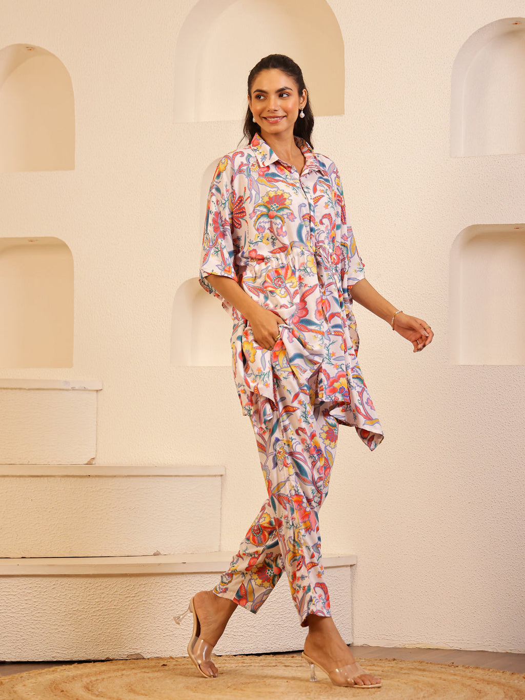 Off White Color Floral Printed Pure Cotton Night Suit - SanskrutiHomes 