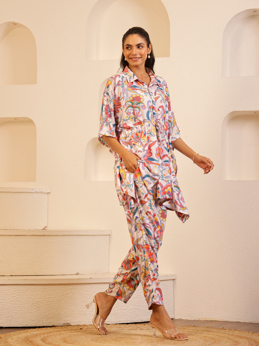Off White Color Floral Printed Pure Cotton Night Suit - SanskrutiHomes 