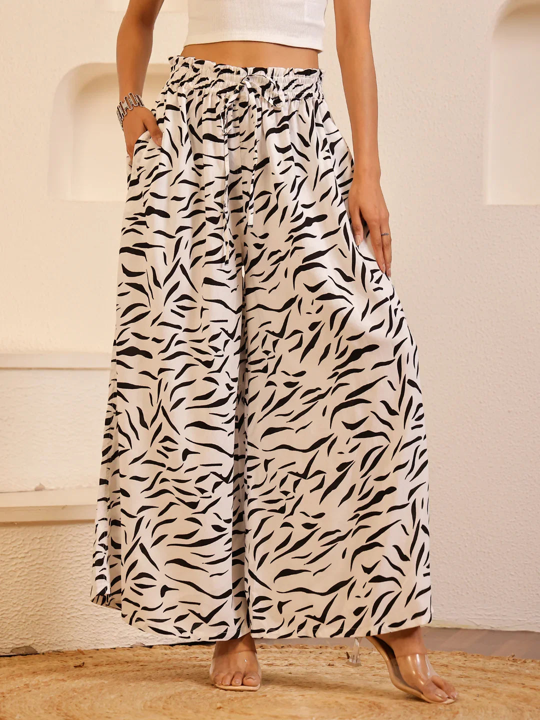 White Color Viscose Rayon Printed pant for women - SanskrutiHomes 