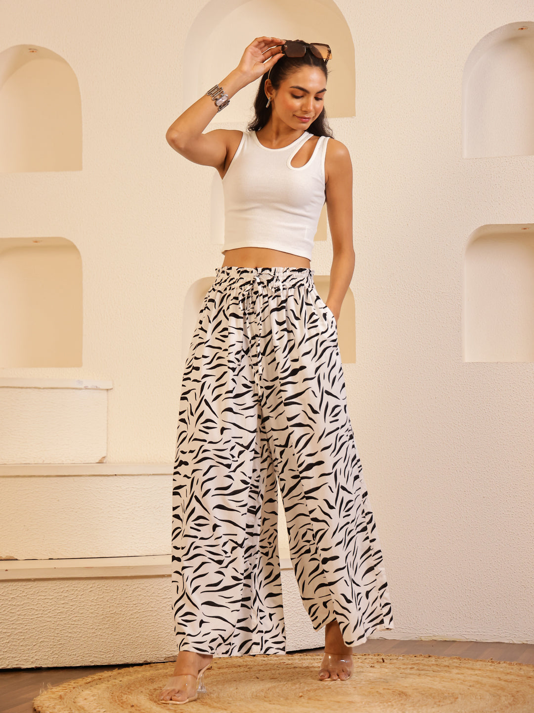 White Color Viscose Rayon Printed pant for women - SanskrutiHomes 