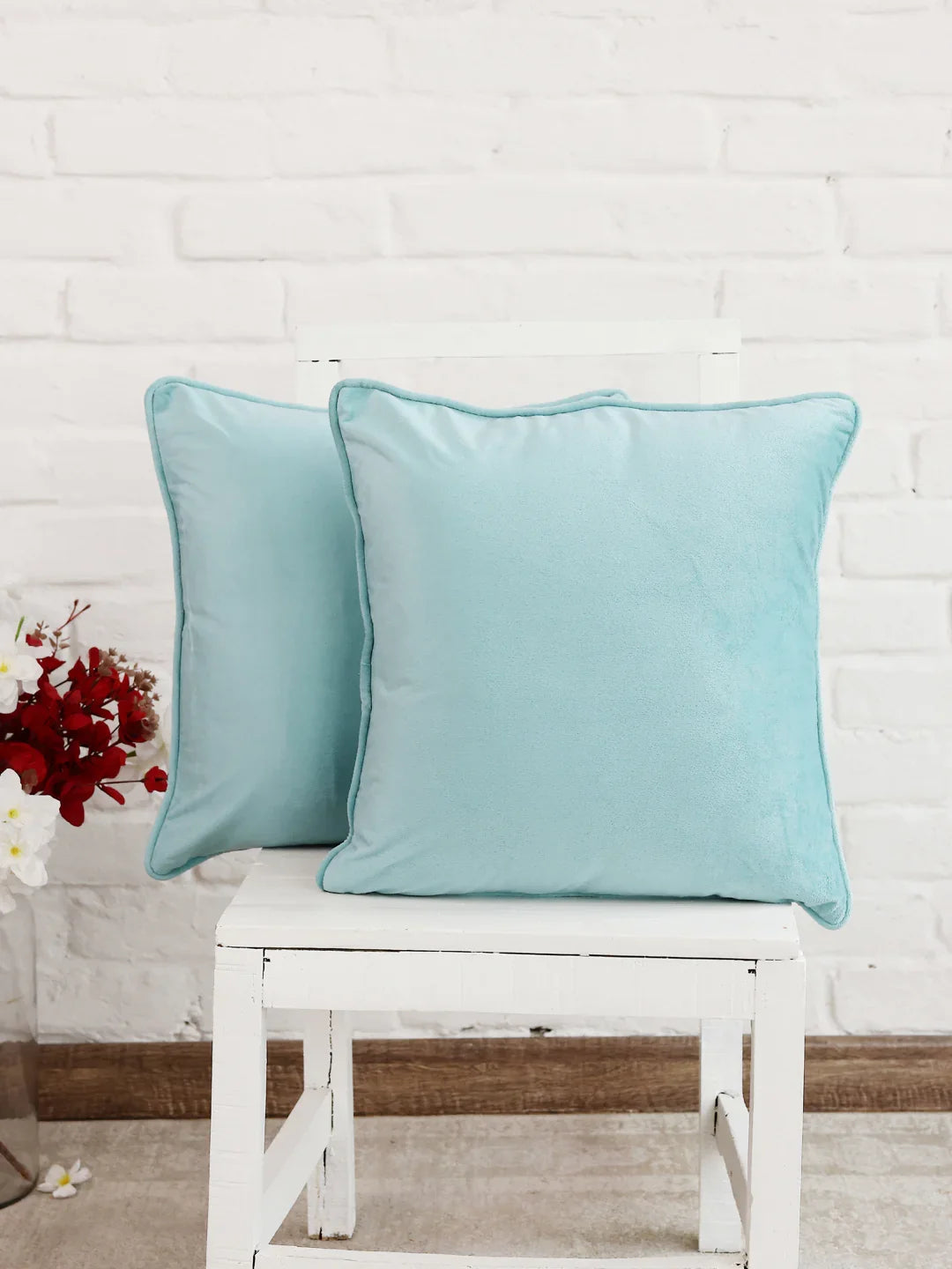 Sky Blue Solid Print Velvet Cushion Cover - SanskrutiHomes 