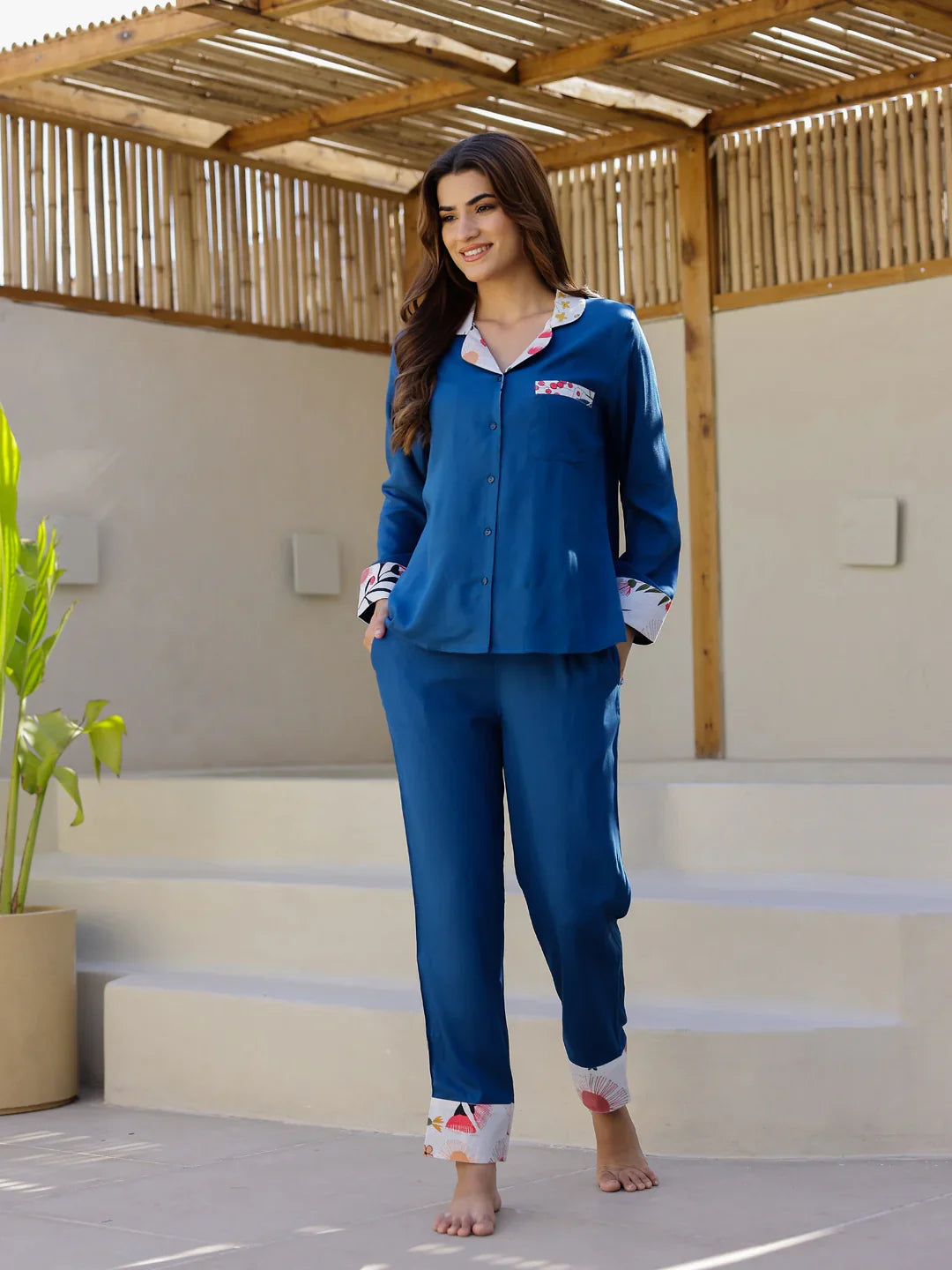 Blue Solid Night Suit Set - SanskrutiHomes 