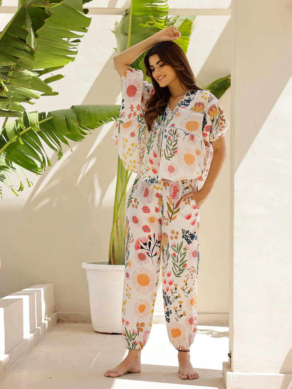 Off White Multi Color Printed Loungewear Set - SanskrutiHomes 