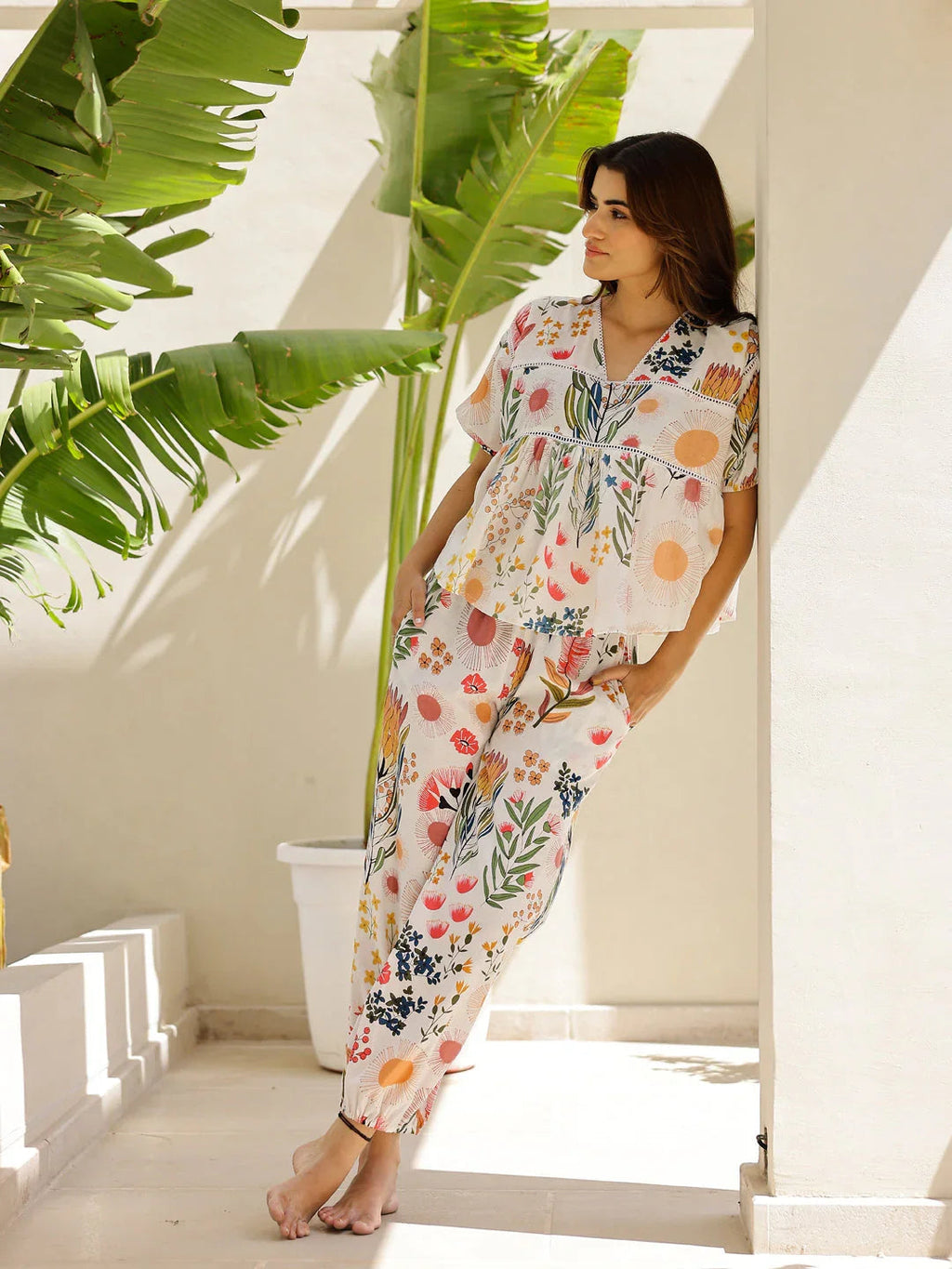 Off White Multi Color Printed Loungewear Set - SanskrutiHomes 