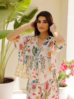 Off White Multi Color Printed Loungewear Set - SanskrutiHomes 