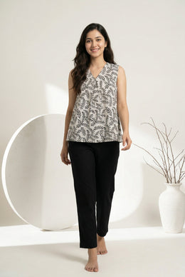 White V-Neck Motif Print Cotton Night Suit For Women