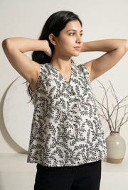 White V-Neck Motif Print Cotton Night Suit For Women