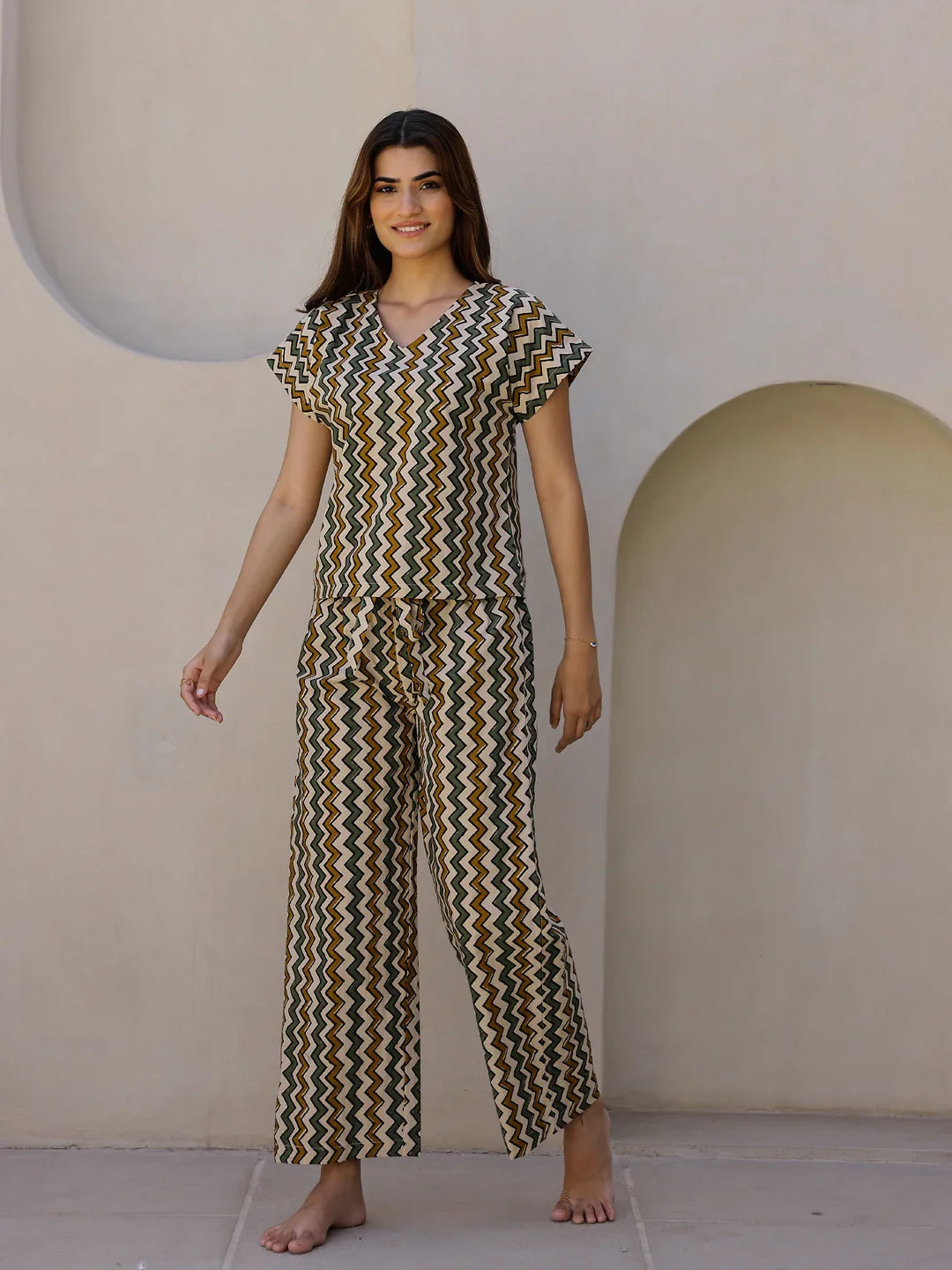 Beige Printed Loungewear Set - SanskrutiHomes 