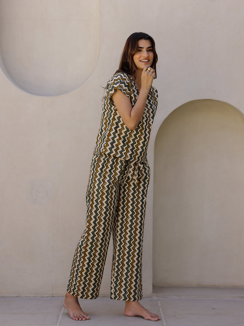 Beige Printed Loungewear Set - SanskrutiHomes 