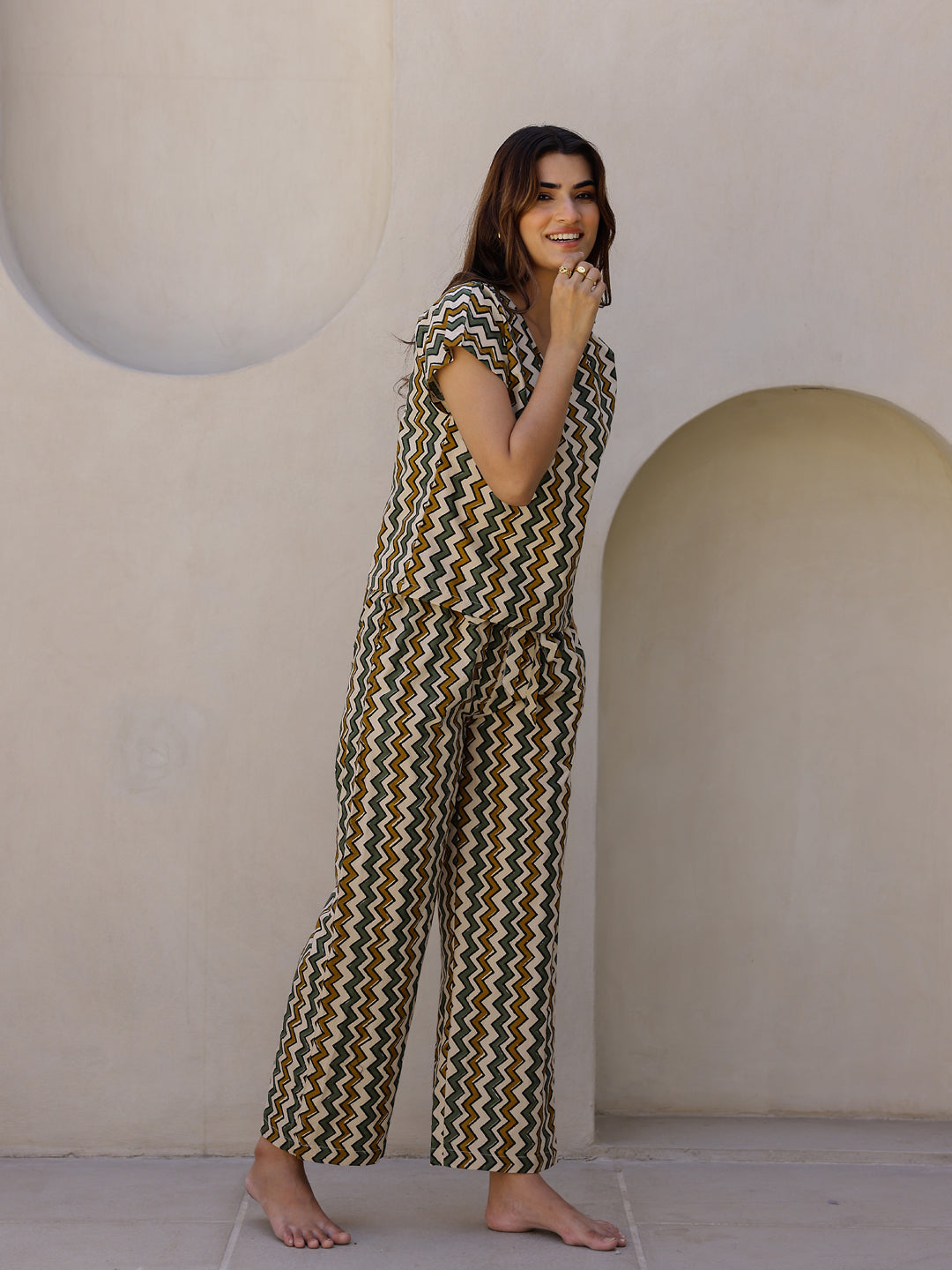 Beige Printed Loungewear Set - SanskrutiHomes 