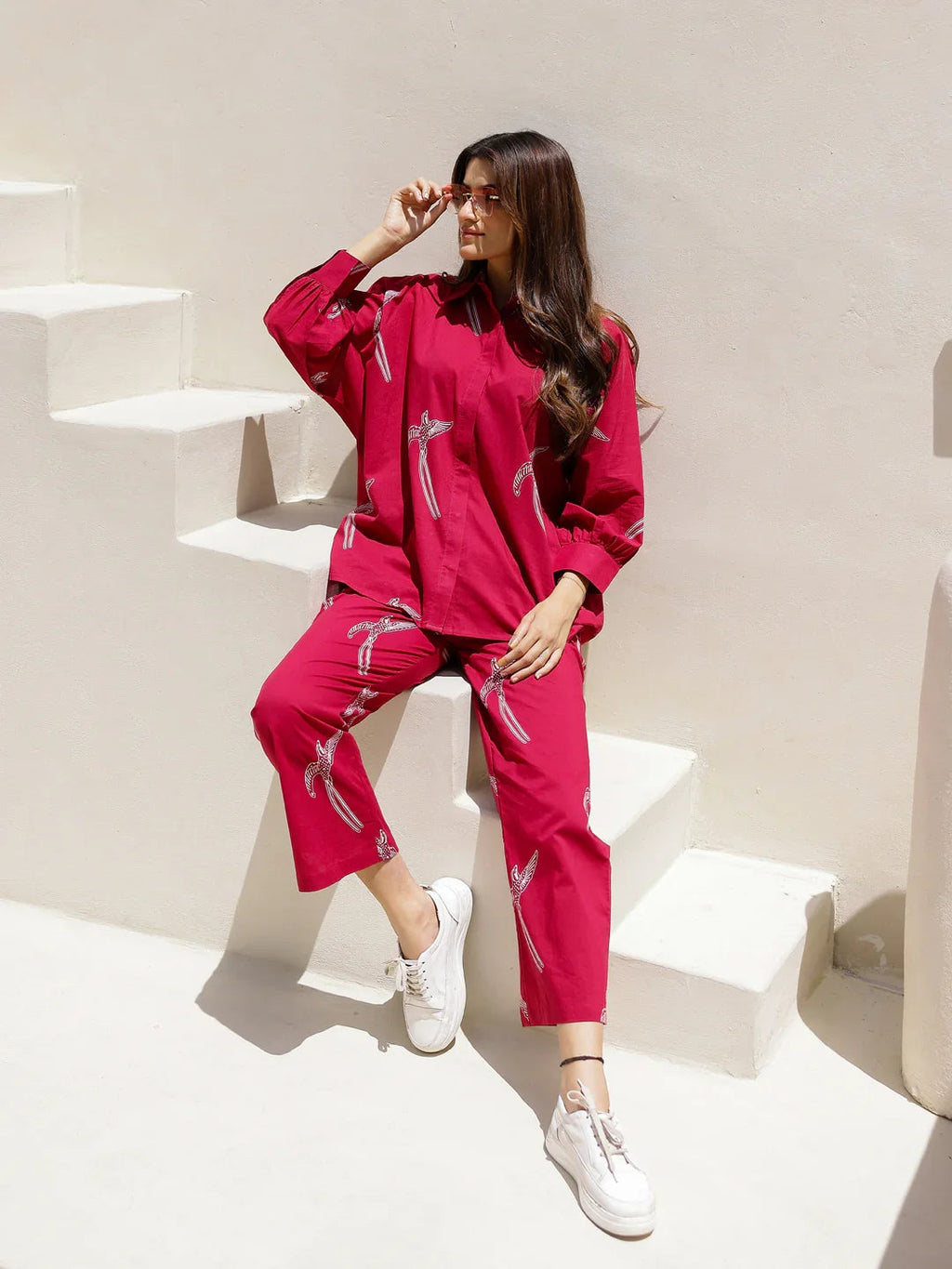 Red Eagle Printed Cotton Shirt Collar Night Suit for Women - SanskrutiHomes 