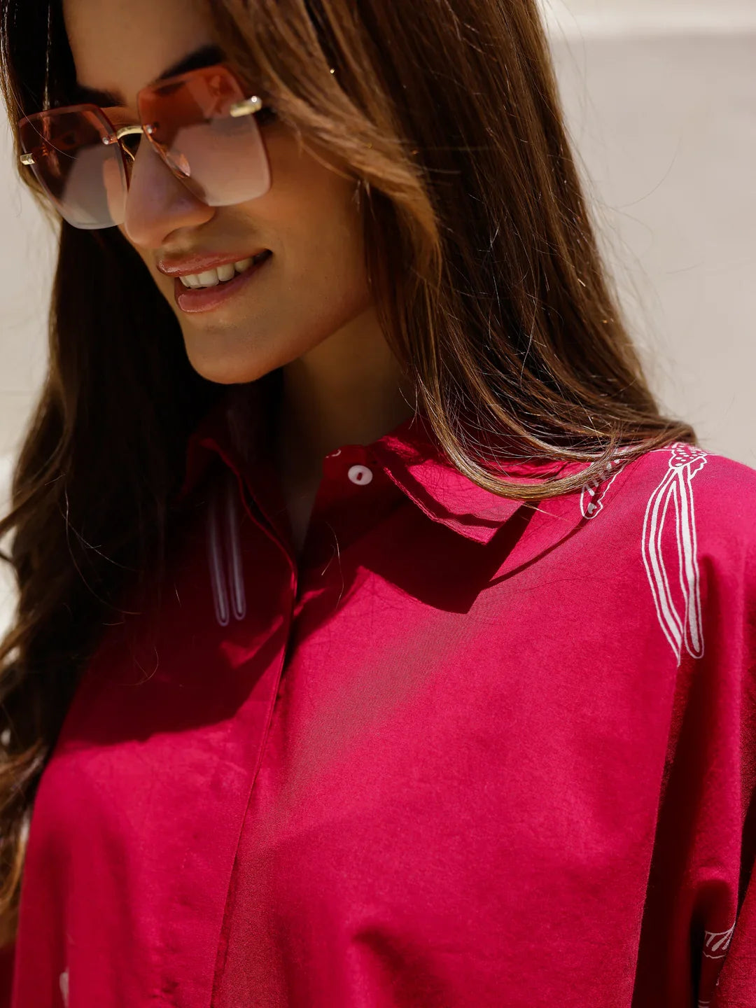 Red Eagle Printed Cotton Shirt Collar Night Suit for Women - SanskrutiHomes 