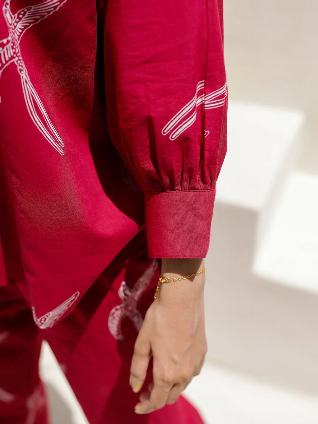 Red Eagle Printed Cotton Shirt Collar Night Suit for Women - SanskrutiHomes 