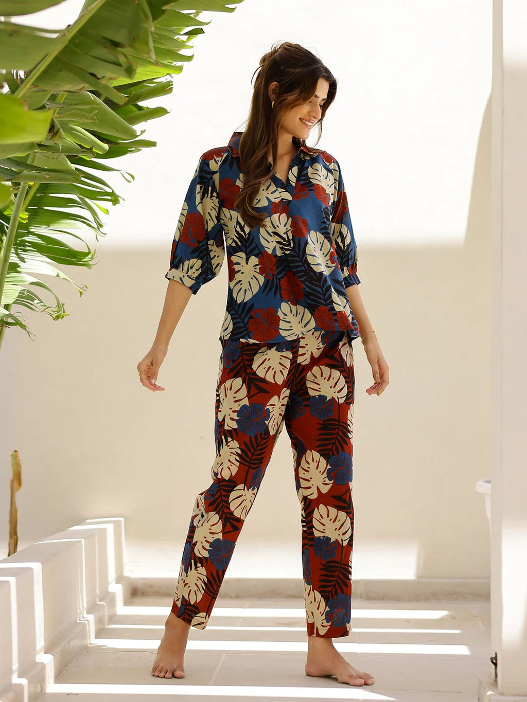 Blue leaves Printed Loungewear Set - SanskrutiHomes 