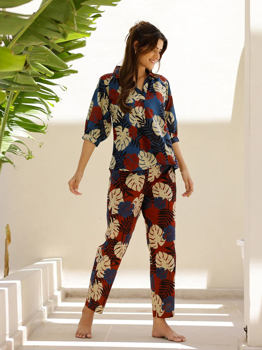 Blue leaves Printed Loungewear Set - SanskrutiHomes 