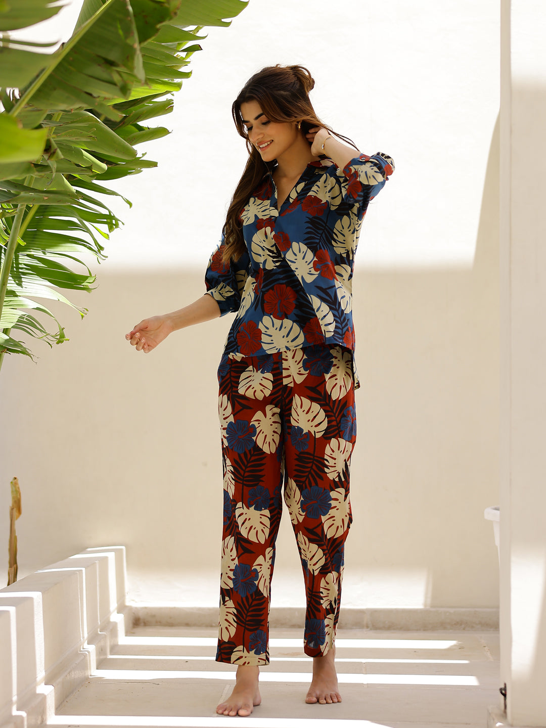Blue Leaves Printed Loungewear Set