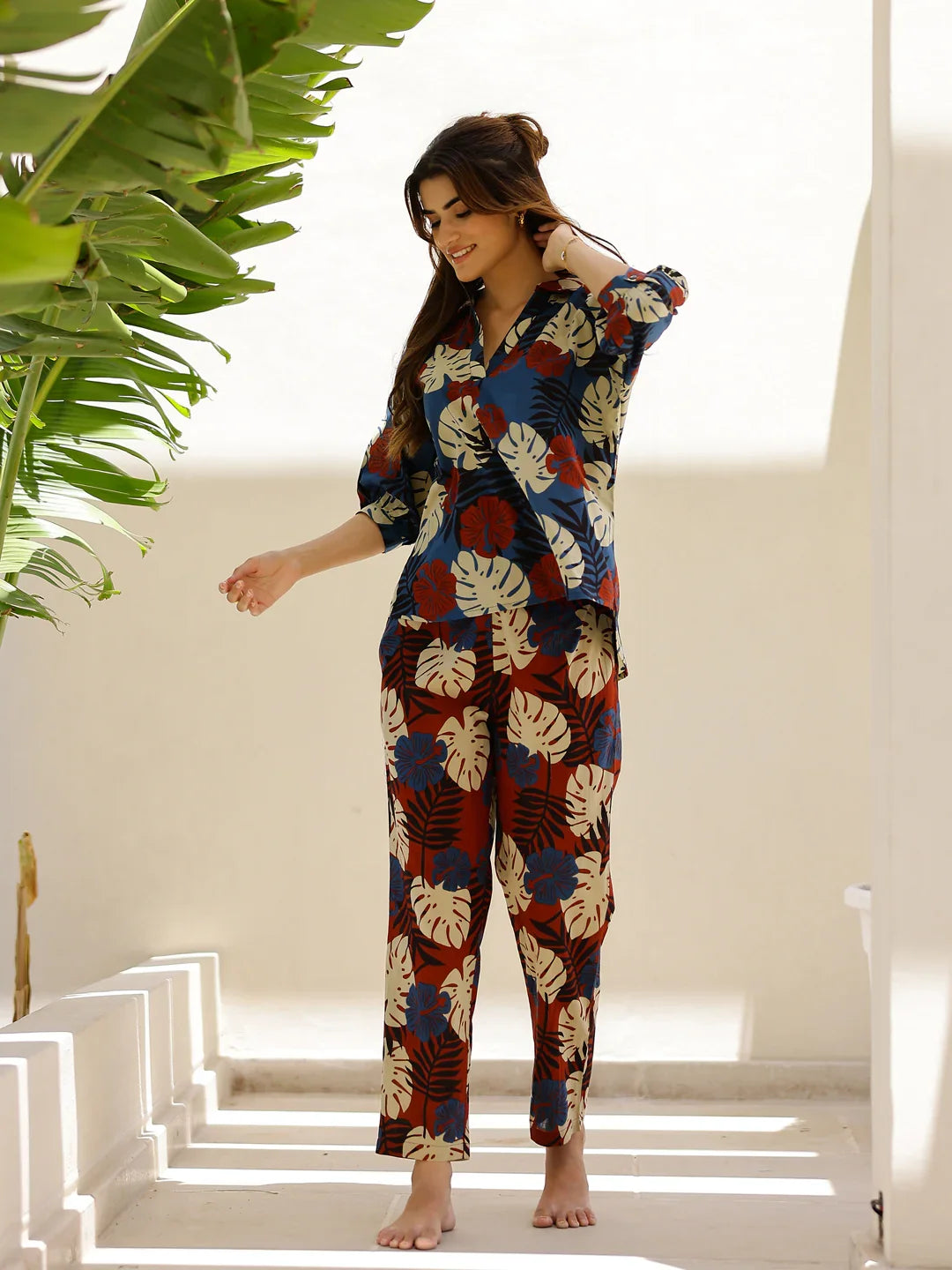 Blue leaves Printed Loungewear Set - SanskrutiHomes 