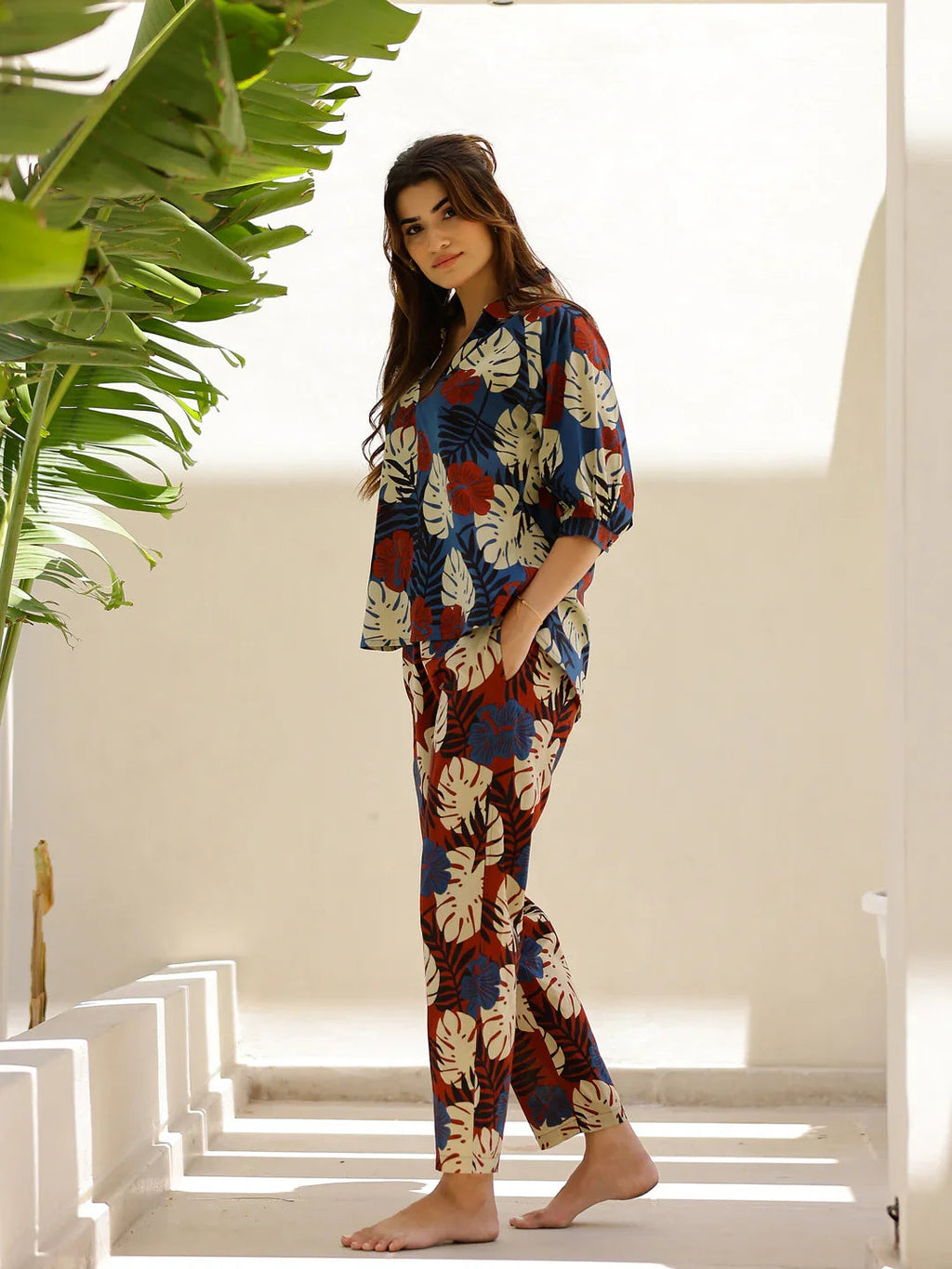 Blue leaves Printed Loungewear Set - SanskrutiHomes 