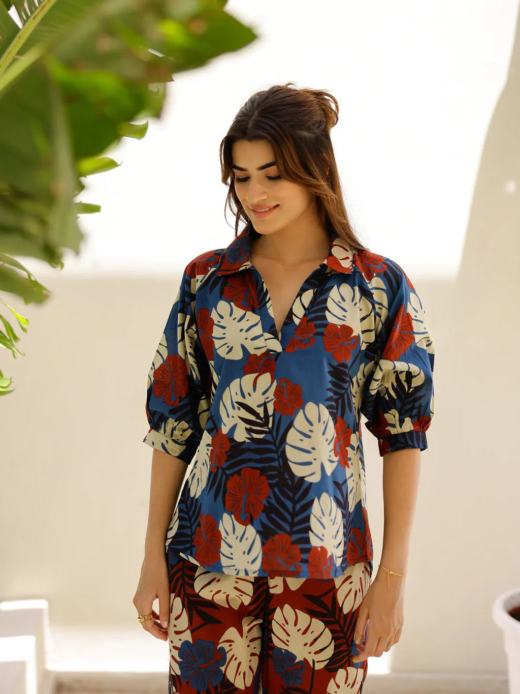 Blue leaves Printed Loungewear Set - SanskrutiHomes 