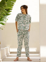 Green & White Flower Printed Loungewear Set - SanskrutiHomes 