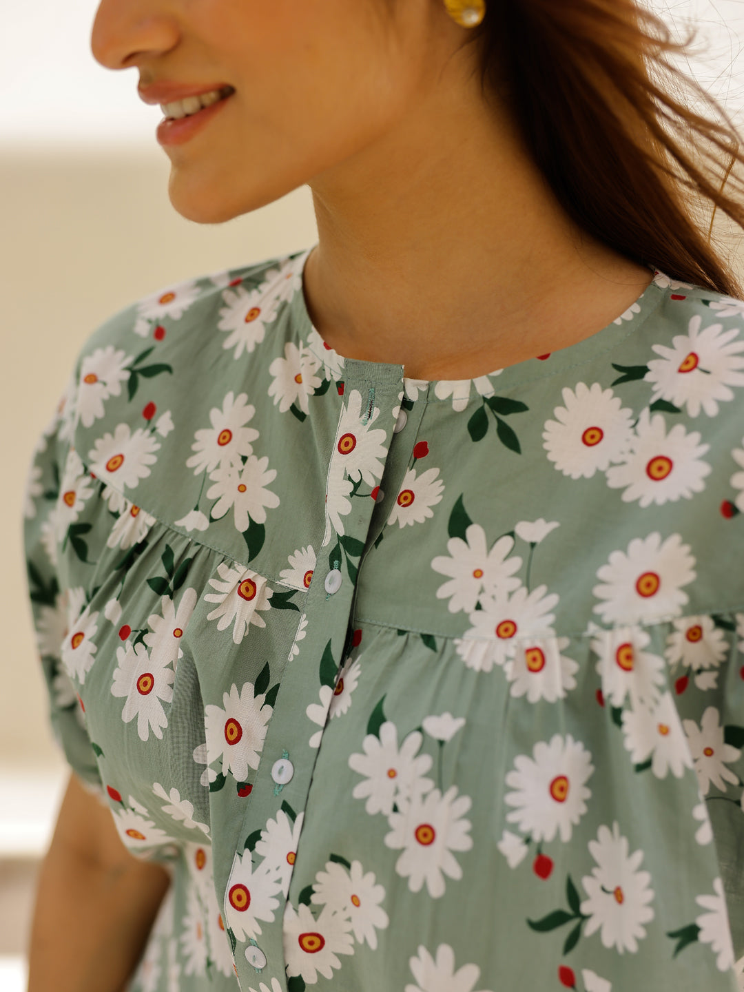 Green & White Flower Printed Loungewear Set - SanskrutiHomes 