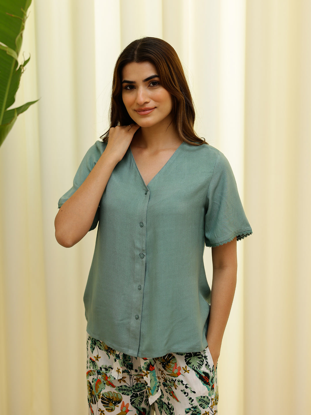 Green Solid & Printed Loungewear Set - SanskrutiHomes 