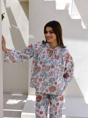 Women Flower Printed Full Sleeves Night Suit - SanskrutiHomes 