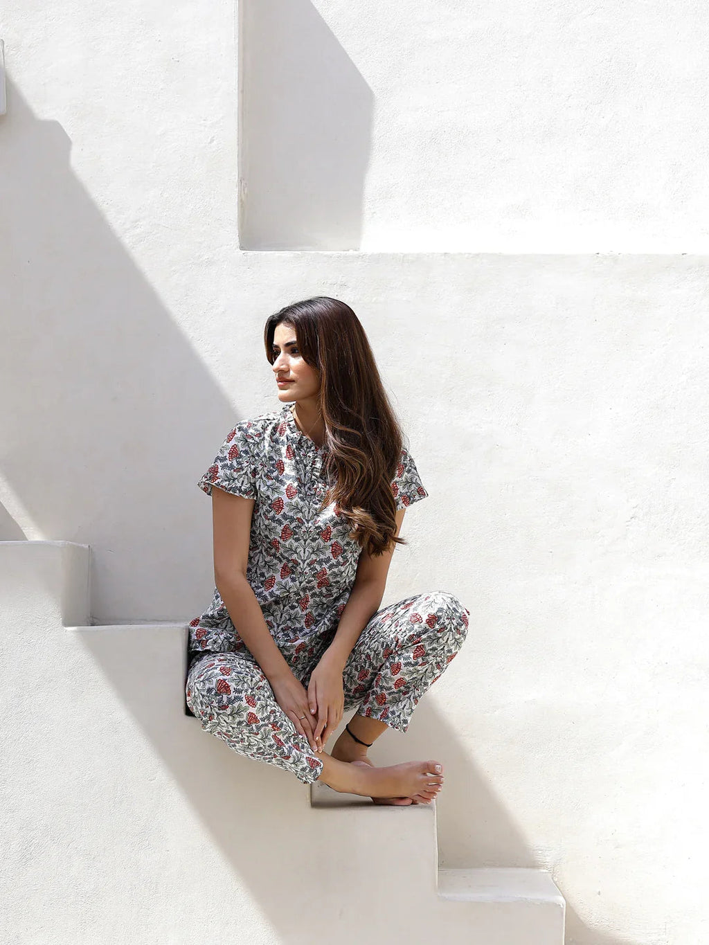 Floral Printed Pure Cotton Night Suit for Women - SanskrutiHomes 