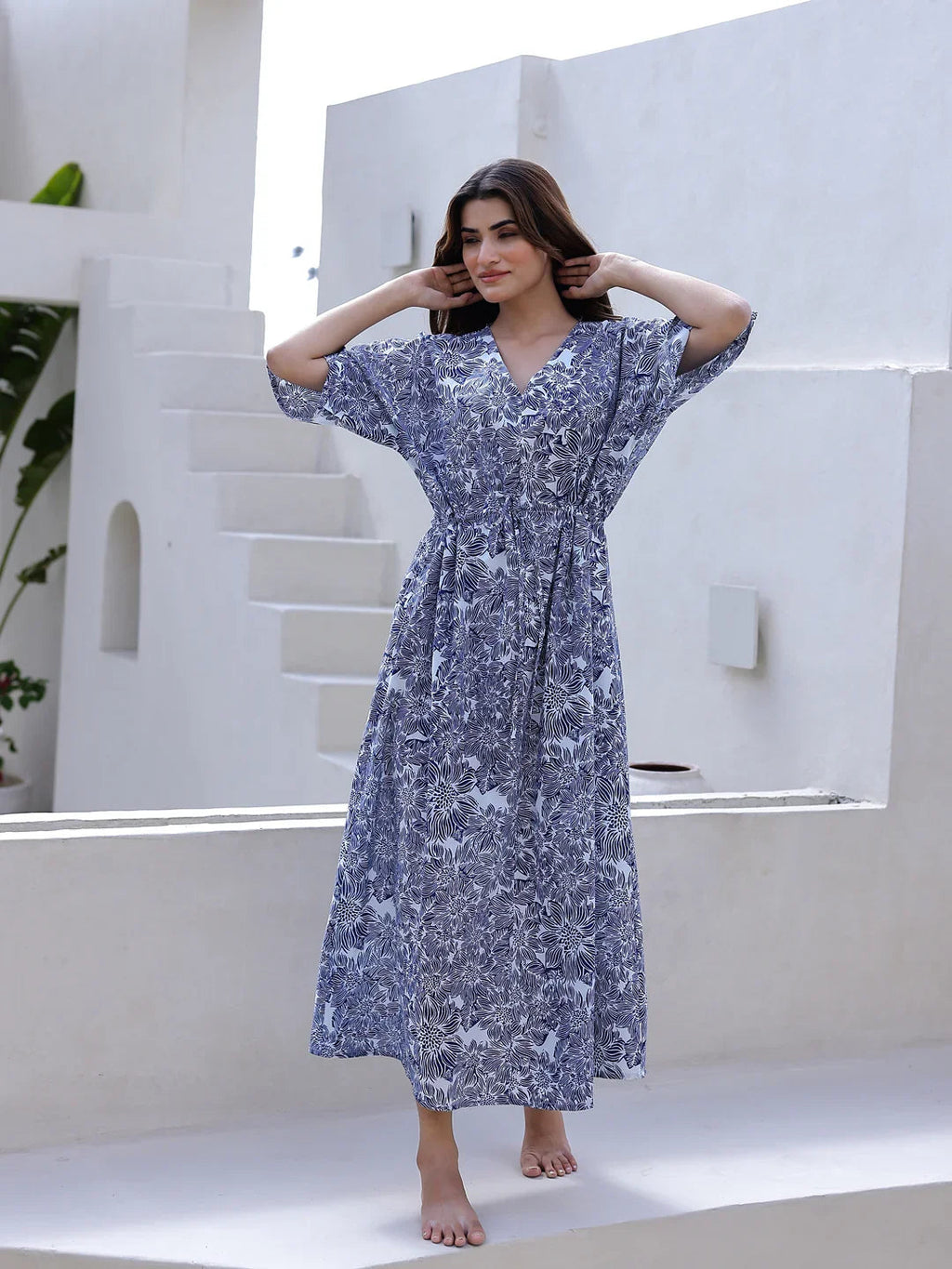 Blue Cotton Nightdress for Women - SanskrutiHomes 