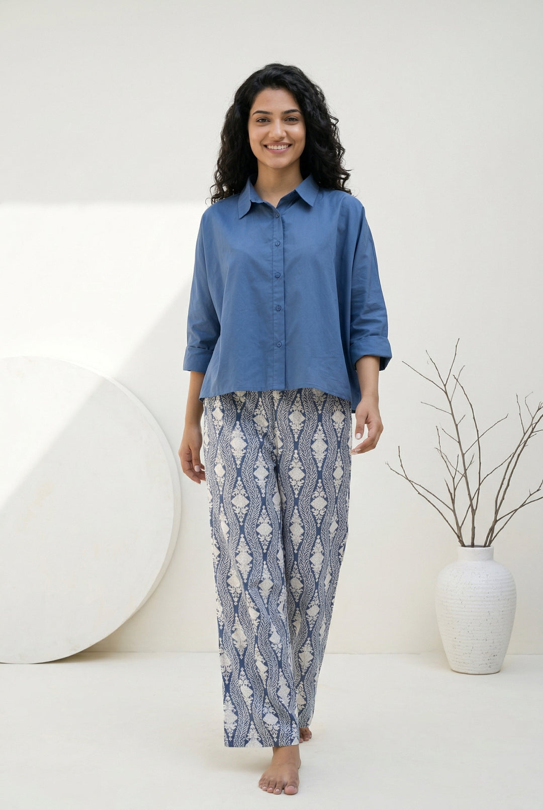 Blue Solid Shirt Collar Pure Cotton Night Suit Set For Women