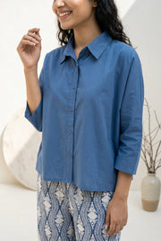 Blue Solid Shirt Collar Pure Cotton Night Suit Set For Women