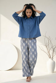 Blue Solid Shirt Collar Pure Cotton Night Suit Set For Women