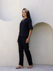 Black Cotton Night Suit with Pant - SanskrutiHomes 